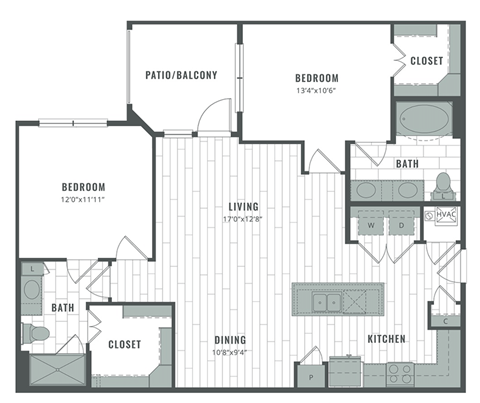 Floor plan for 2 beds, 2 baths, 1163 sqft